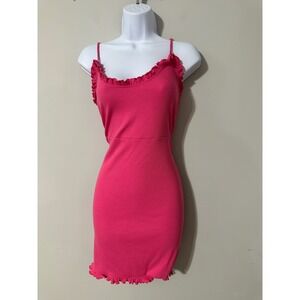 Future Collective Alani Noelle Pink Ribbed Ruffle Spaghetti Strap Mini Dress Med